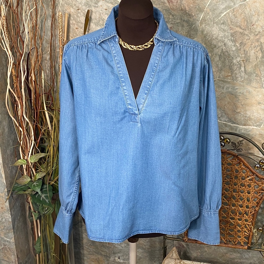 Madewell shirt top blouse tunic denim indigo blue Jean peasant pirate pull over